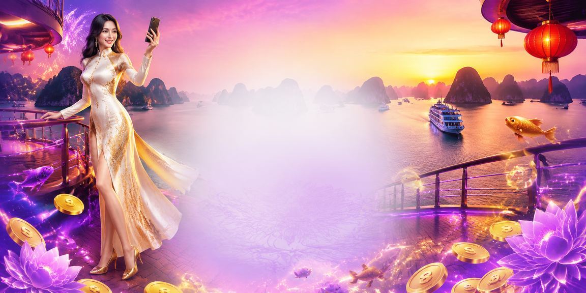 Người dùng chơi casino mobile trên điện thoại với ánh đèn neon tại Hạ Long Bay