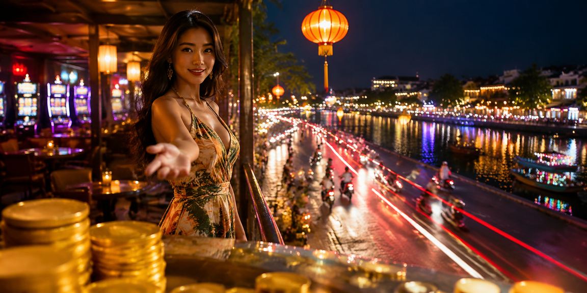 Người dùng tại Hội An ngồi cà phê bên phố cổ và truy cập trang cá cược casino qua điện thoại